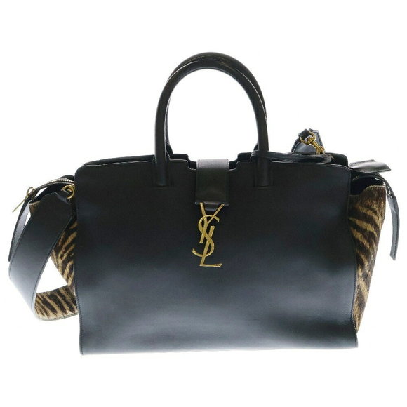 SAINT LAURENT PARIS Downtown Cabas Shoulder Bag Black Brown - Picture 1 of 5